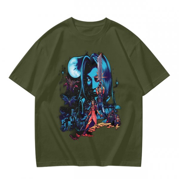Olive T-shirt with fantasy warrior and moon graphic print