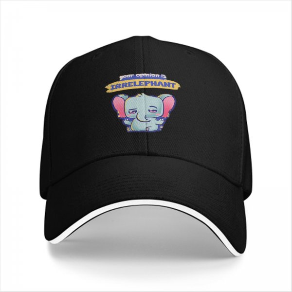 Black baseball cap with 'your opinion is irrelephant' cute elephant graphic