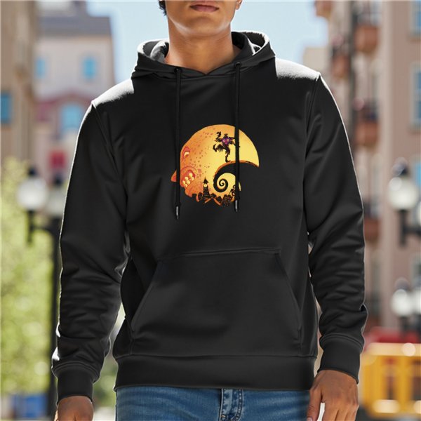 Black Hoodie with Halloween Moon Face Witch and Castle Art
