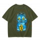 Olive T-Shirt With Blue Maneki-Neko Monster Graphic Print