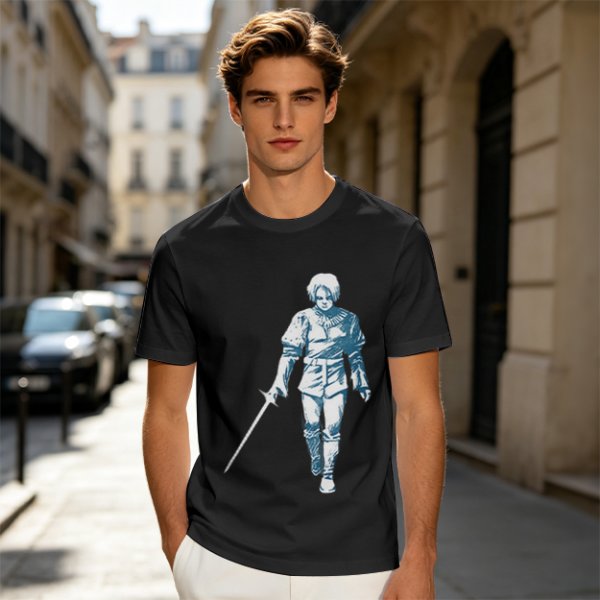 Olive T-shirt with Walking Swordsman Graphic Print