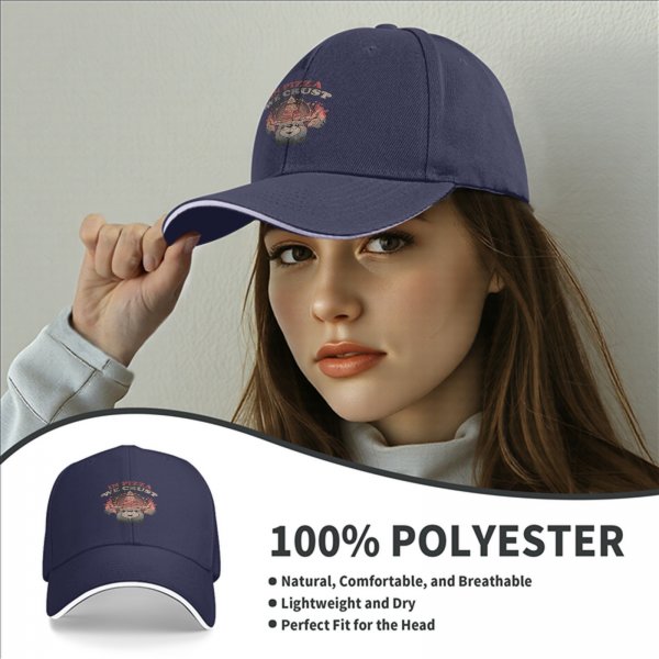 Black baseball cap with 'In Pizza We Crust' graphic print
