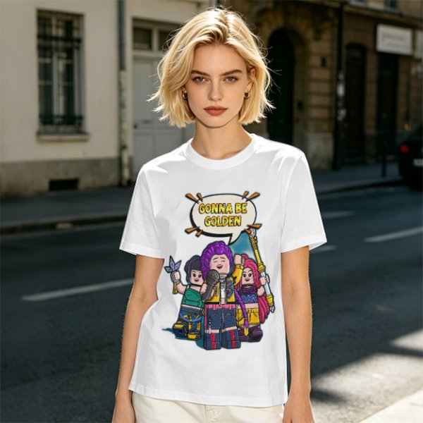 Olive T-shirt with Lego-style characters and 'Gonna Be Golden' print