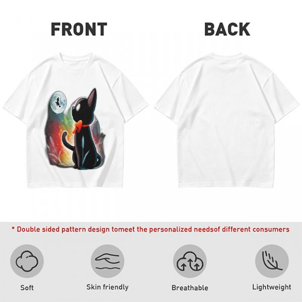 Olive T-shirt with black cat watching moon witch silhouette print