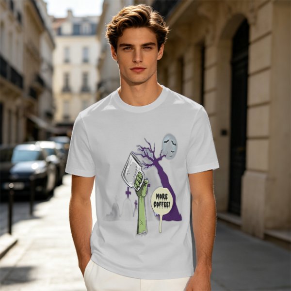 Olive Zombie Hand Holding Coffee Mug 'More Coffee!' Graphic T-Shirt