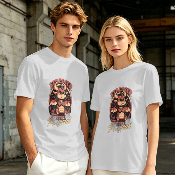 Olive graphic t-shirt with stressed but still magical dragon print