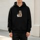 Black hoodie with owl, coffee mug and stacked books graphic