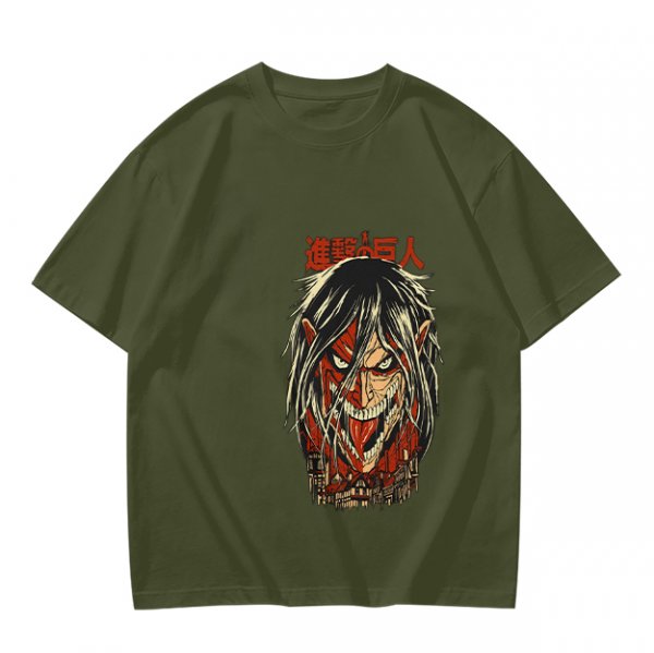Olive green anime t-shirt with Attack on Titan printed design