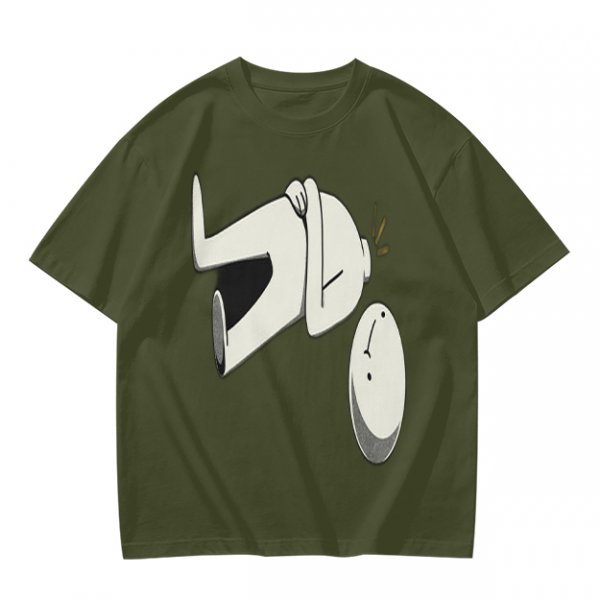 Olive T-Shirt With Surprised Cartoon Figure And Separate Face Print