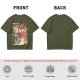 Olive green graphic tee with retro masked rider ramen motorcycle art