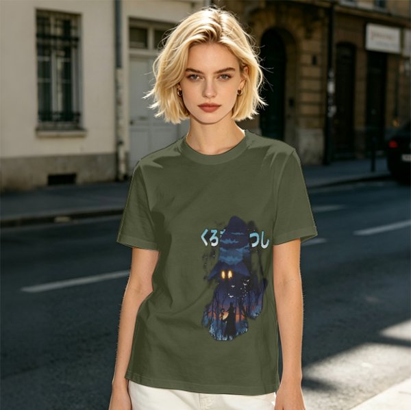 Olive T-Shirt With Dark Wizard Illustration And Japanese Text