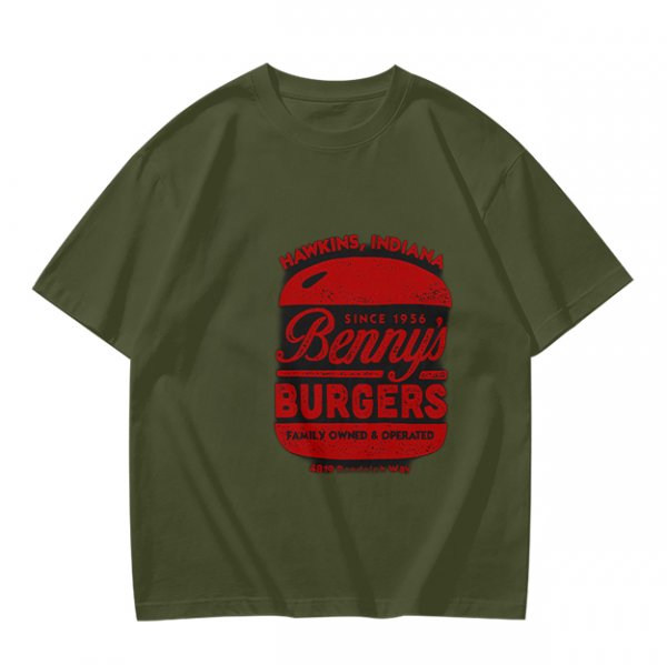 Olive green t-shirt with Benny's Burgers Hawkins Indiana graphic