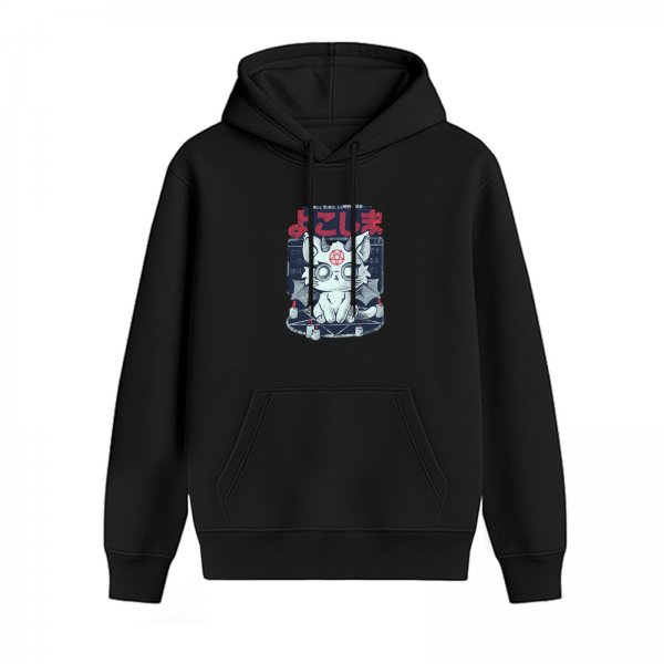 Black Hoodie With Cute Demon Cat Graphic Print