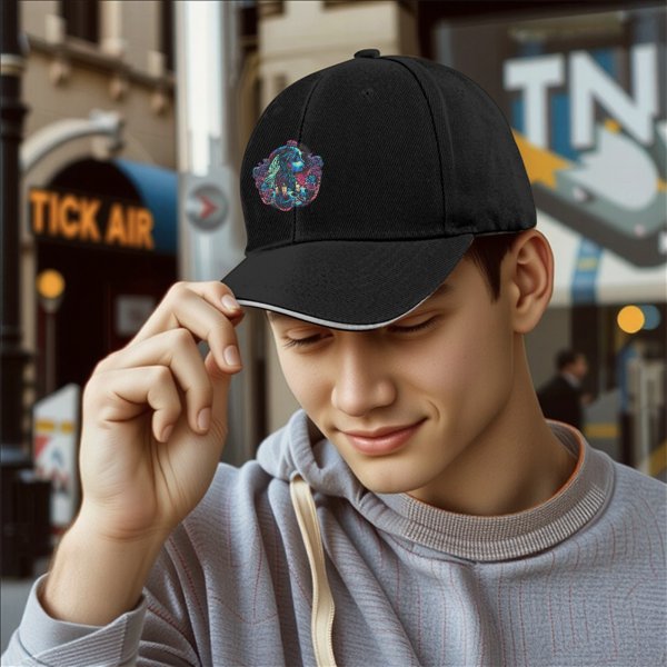 Black baseball cap with neon gothic fantasy graphic print
