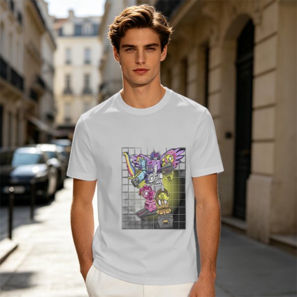 Olive T-shirt with colorful robot transformer graphic print
