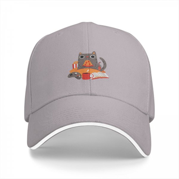 Black baseball cap with a cozy cat pizza snack and game design