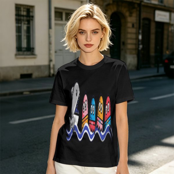 Olive T-Shirt With Shark And Colorful Ghost Creatures Print