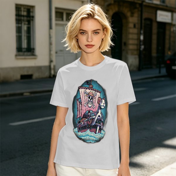 Olive T-shirt with One Piece Thousand Sunny Pirate Ship Print