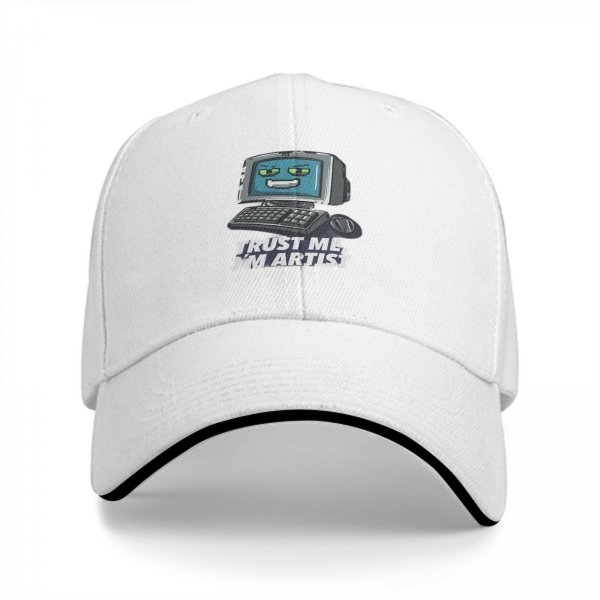 Black baseball cap with retro computer graphic and 'Trust me I'm artist' text