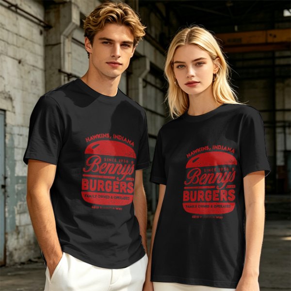 Olive green t-shirt with Benny's Burgers Hawkins Indiana graphic
