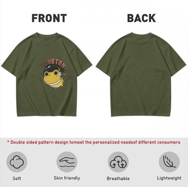 Olive green t-shirt with space frog graphic and Houston text