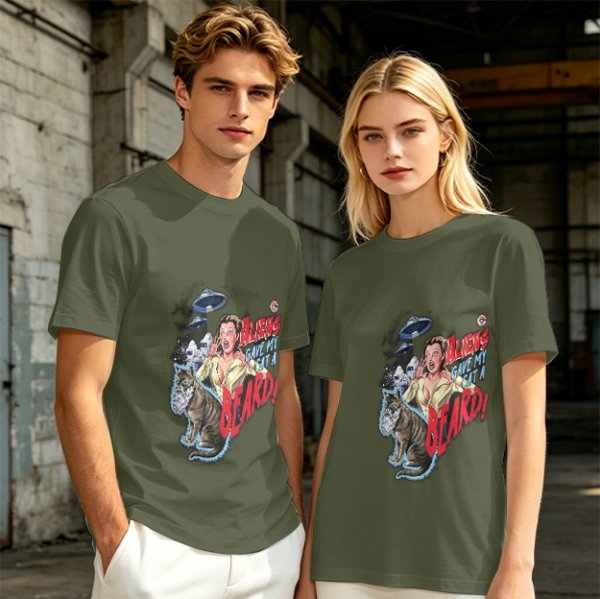 Olive Graphic T-Shirt With Aliens Give My Cat A Beard Print