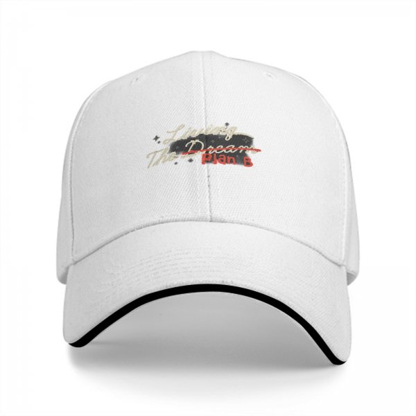 Black baseball cap with 'Living The Dream Plan B' graphic print