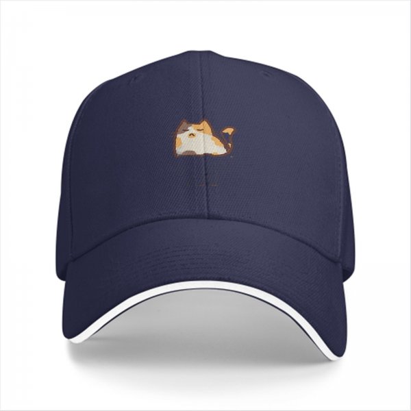 Black baseball cap with cute chubby calico cat graphic