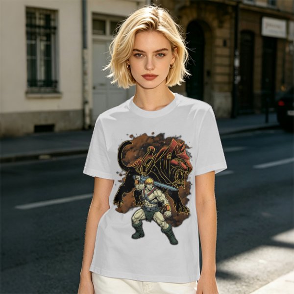 Olive T-shirt with He-Man and Battle Cat Graphic