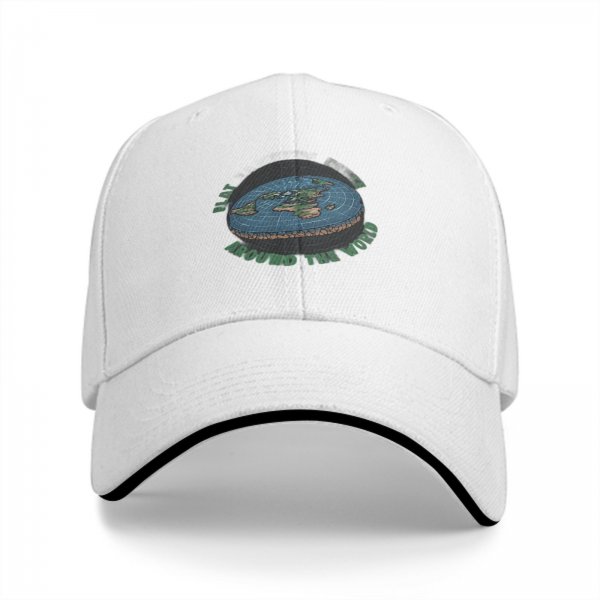 Black baseball cap with flat earth 'around the world' graphic print
