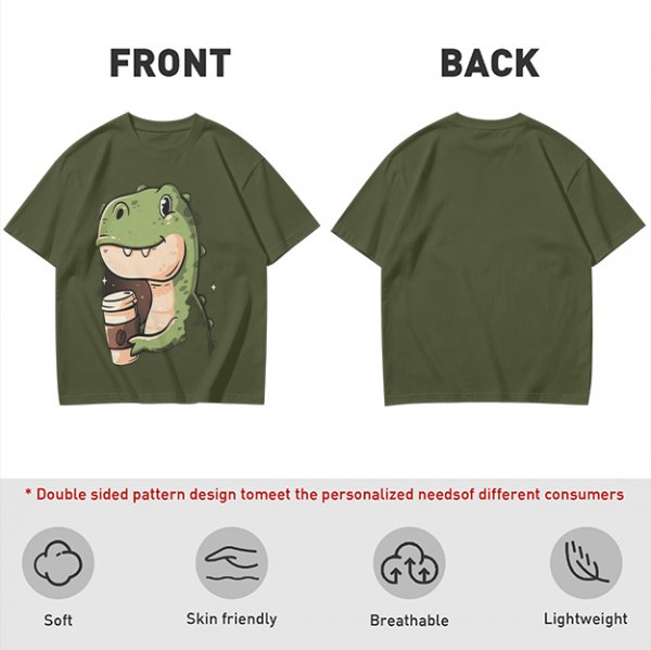 Olive T-shirt with Cute Dinosaur Holding Coffee Print