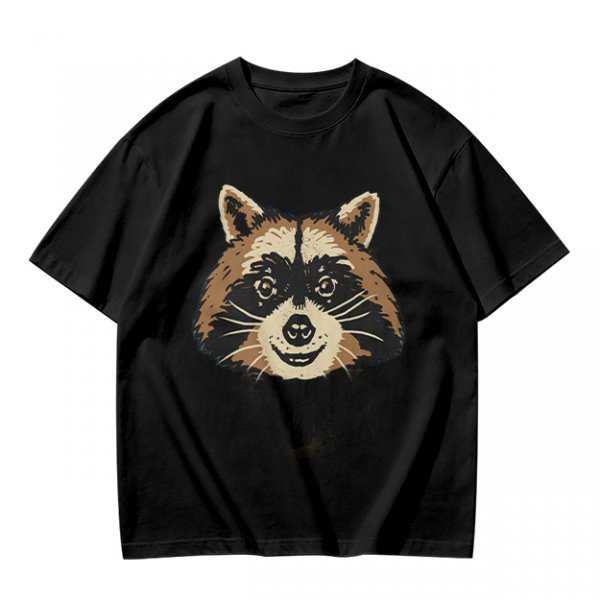 Olive Green T-Shirt With Smiling Raccoon Graphic Print
