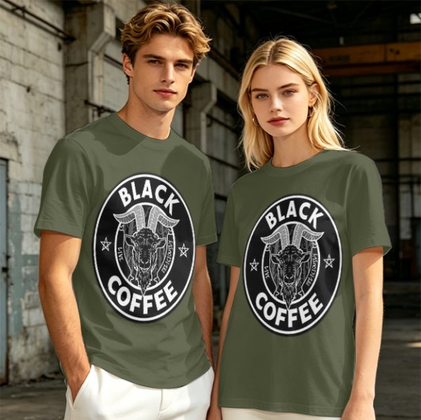 Olive green t-shirt with black goat head and Black Coffee graphic