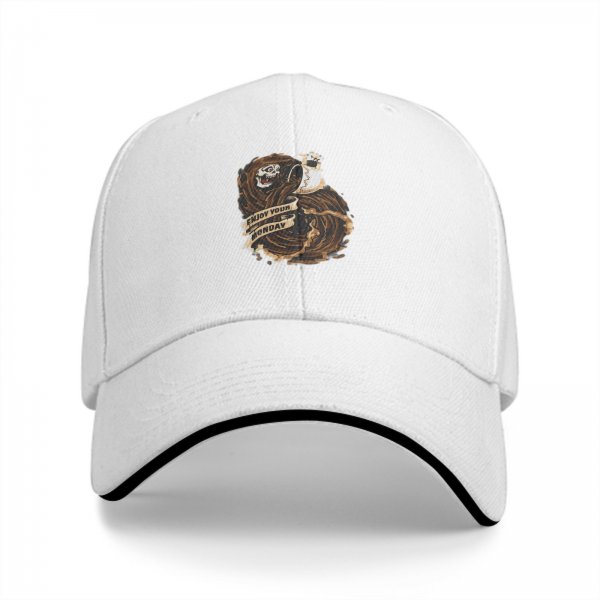 Black baseball cap with 'Enjoy Your Monday' grim reaper coffee graphic