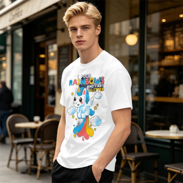 Olive t-shirt with playful unicorn rainbow poop and glitter fart graphic
