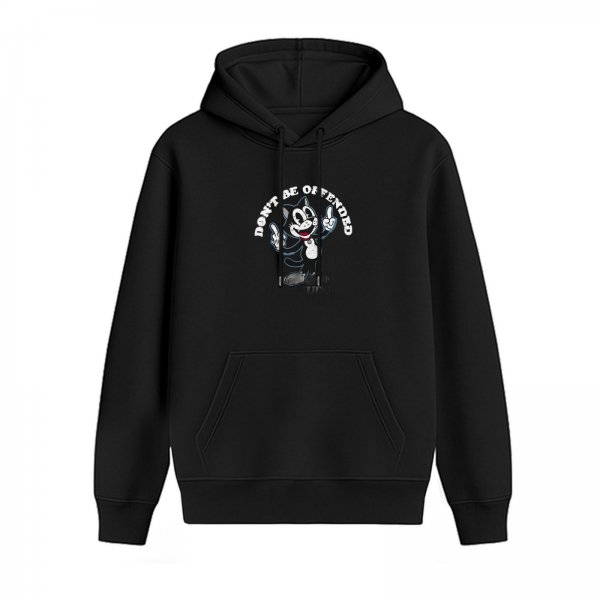 Black hoodie with cartoon cat and 'Don't Be Offended' print
