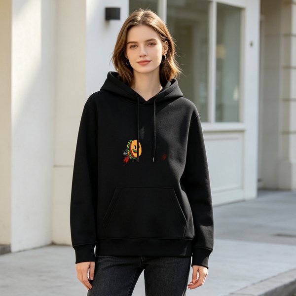 Black Hoodie With Cartoon Running Hamburger Graphic