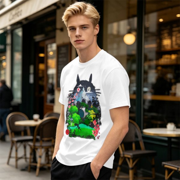 Olive Green T-Shirt with Totoro Nature Landscape Graphic Print