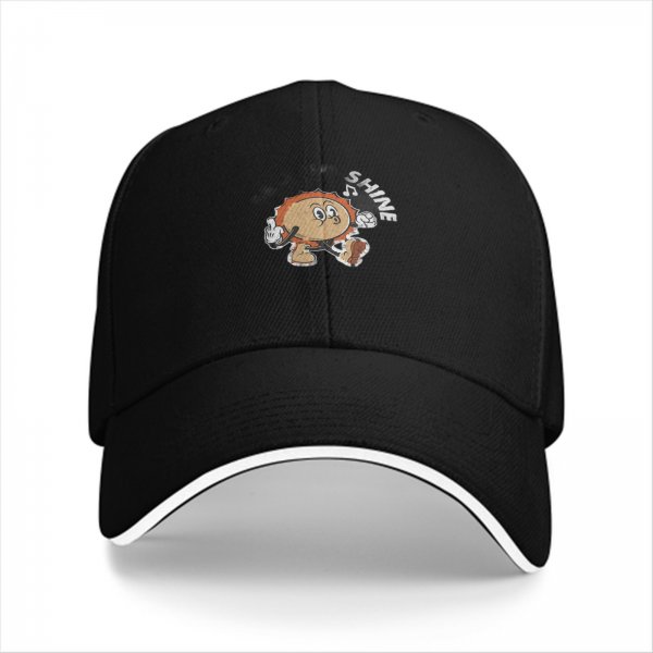 Black baseball cap with retro sun character and 'SHINE' graphic