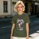 Olive graphic t-shirt with 'I Am Deadly Serious' and unicorn grim reaper art