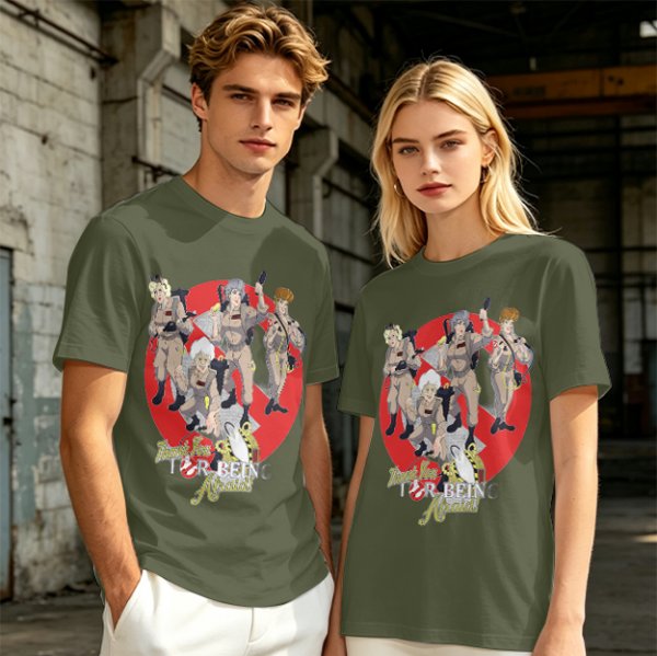 Olive T-shirt with Ghostbusters parody female character graphic print