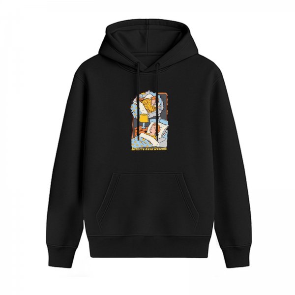 Black hoodie with 'Achieve Your Dreams' sleeping boy dream graphic