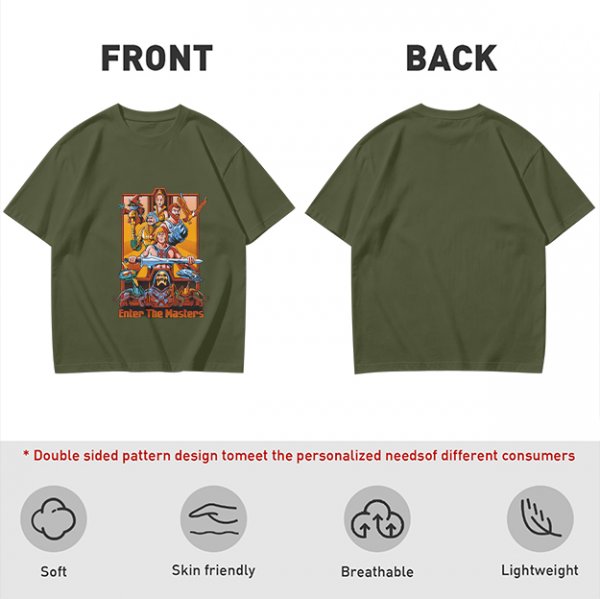 Olive green t-shirt with Masters of the Universe graphic print