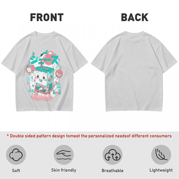 Olive t-shirt with a cartoon apple juice box skeleton graphic
