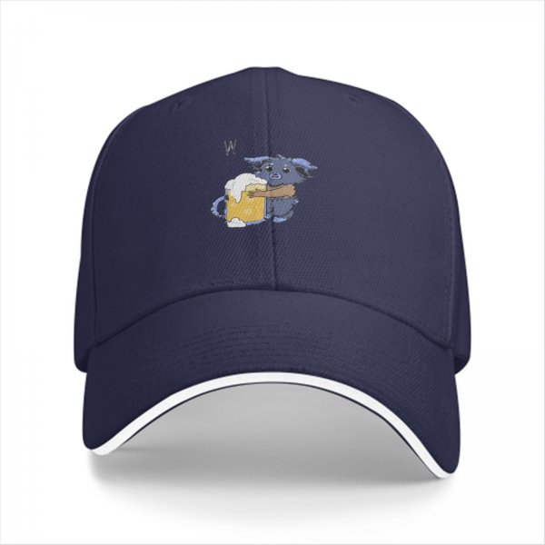 Black baseball cap with cute blue monster holding a foamy beer mug