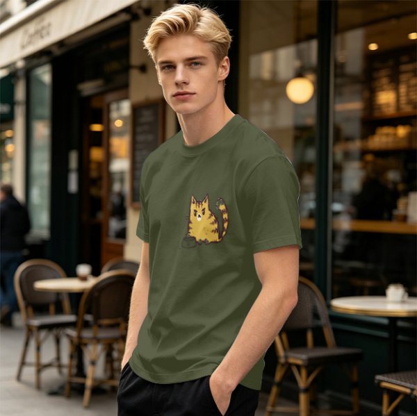 Olive Green T-Shirt With Grumpy Orange Tabby Cat Graphic