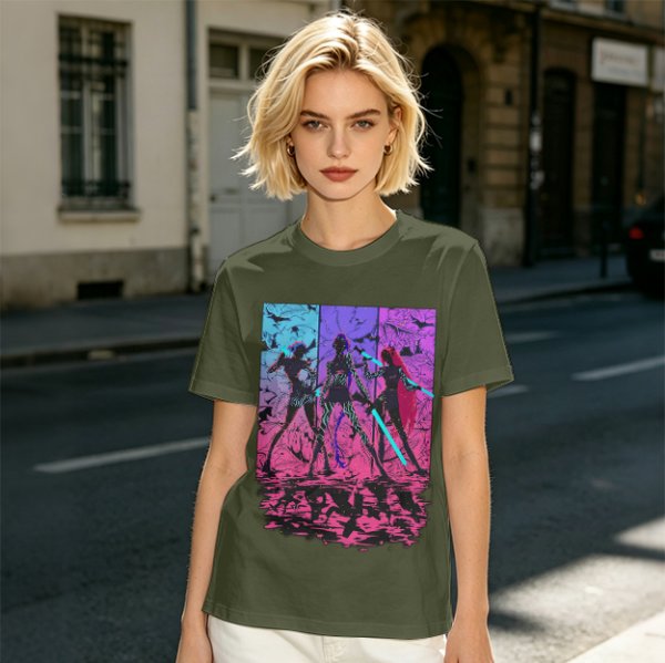 Olive T-Shirt With Neon Cyberpunk Warrior Women Graphic