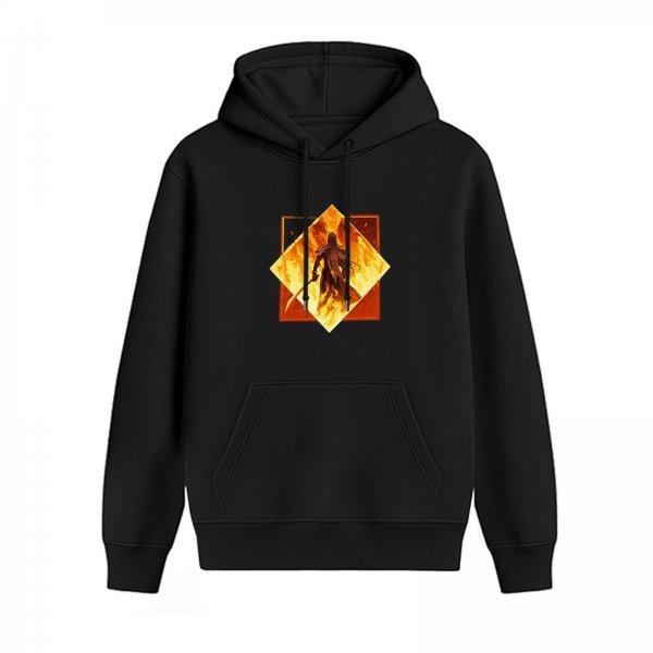 Black Hoodie With Fiery Warrior Silhouette Graphic
