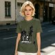 Olive green graphic t-shirt with CatGPT and mischievous cat prints