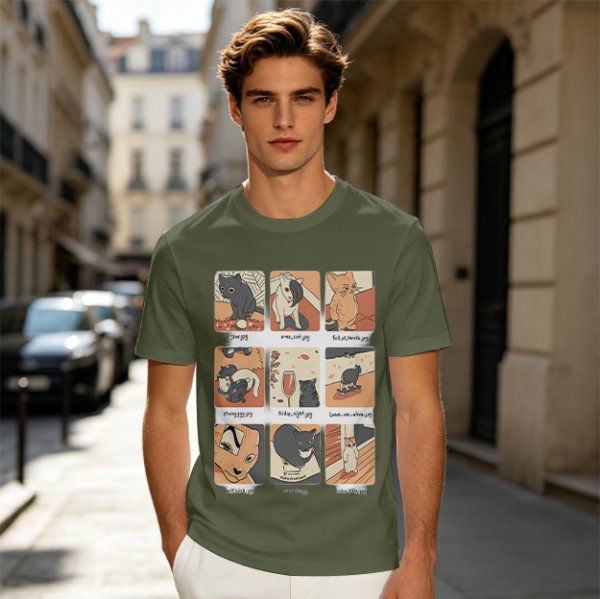 Olive T-Shirt with 9 Grid Cute Cat Illustrations Print